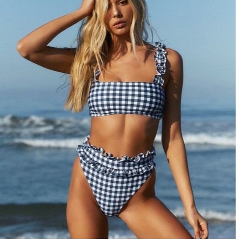 Beach Riot Ivy Check Ruffle Navy bikini set Size XS
